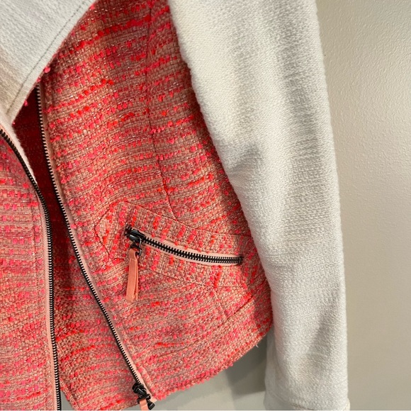 Anthropologie Elevenses Tweed Pink & Off White Zipper Front Moto Jacket | 6 - Picture 6 of 12